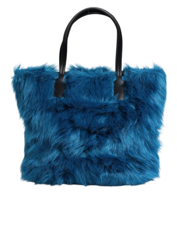 Dolce & Gabbana Blue Fur Logo Plaque Double Handle Shoulder Bag - Image 4