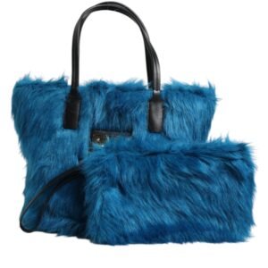 Dolce & Gabbana Blue Fur Logo Plaque Double Handle Shoulder Bag