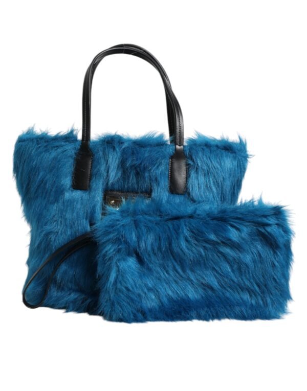 Dolce & Gabbana Blue Fur Logo Plaque Double Handle Shoulder Bag - Image 5