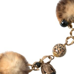 Dolce & Gabbana Gold Brass Leopard Fur Pearl Collier Chain Belt