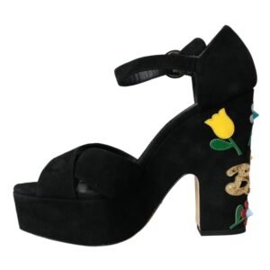 Dolce & Gabbana Black Floral Ankle Strap Heels Sandals Shoes