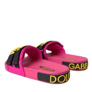 Dolce & Gabbana Pink Black Logo Beachwear Flats Sandals Shoes