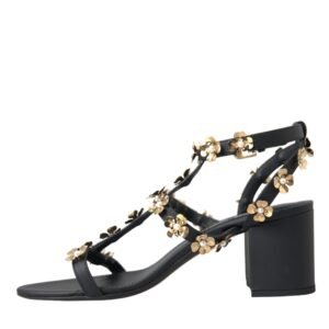 Dolce & Gabbana Black Leather Embellished Heel Sandal Shoes