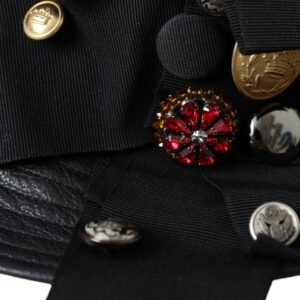 Dolce & Gabbana Black Leather DG Coin Crystal Wide Brim Hat