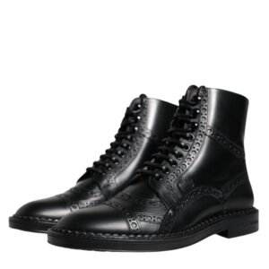 Dolce & Gabbana Black Leather Lace Up Mid Calf Boots Shoes